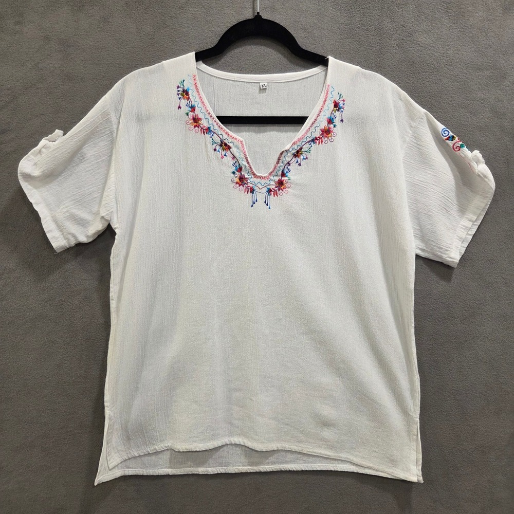 Boho Embroidered Floral Peasant Top Women XL Short Sleeve Hippie Folk Casual